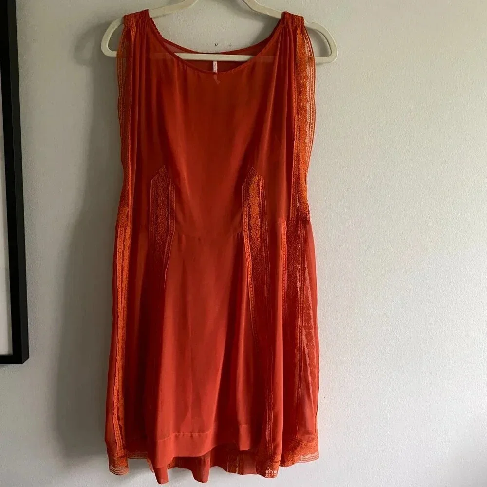 FREE People Orange Lace  Sleeveless Shift Boho Mini Dress Size XS - Picture 2 of 13